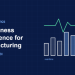 AI business intelligence for manufacturing: monthly bar charts evolving into a real-time pulse line and a data warehouse
